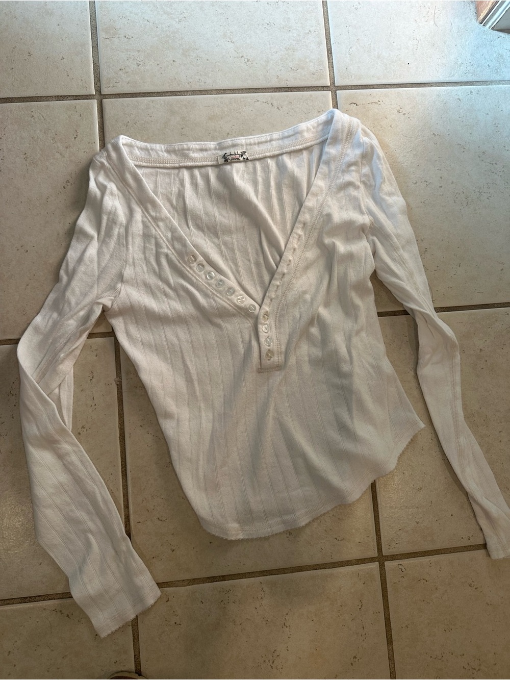 Free People White Ribbed Henley Long Sleeve Top